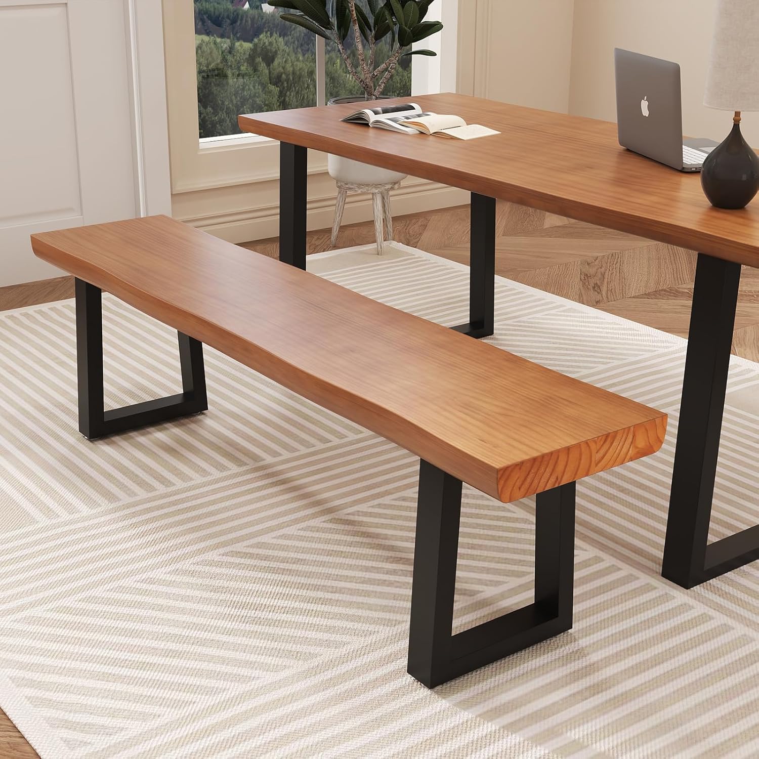Solid Wood Top Bench with Metal Legs Durable Long Bench for Home Office Living Room Dining Room Versatile Multi Size Options Perfect Chair Stool Dining Bench Dining Chair (Light brown bench, 62.99in)