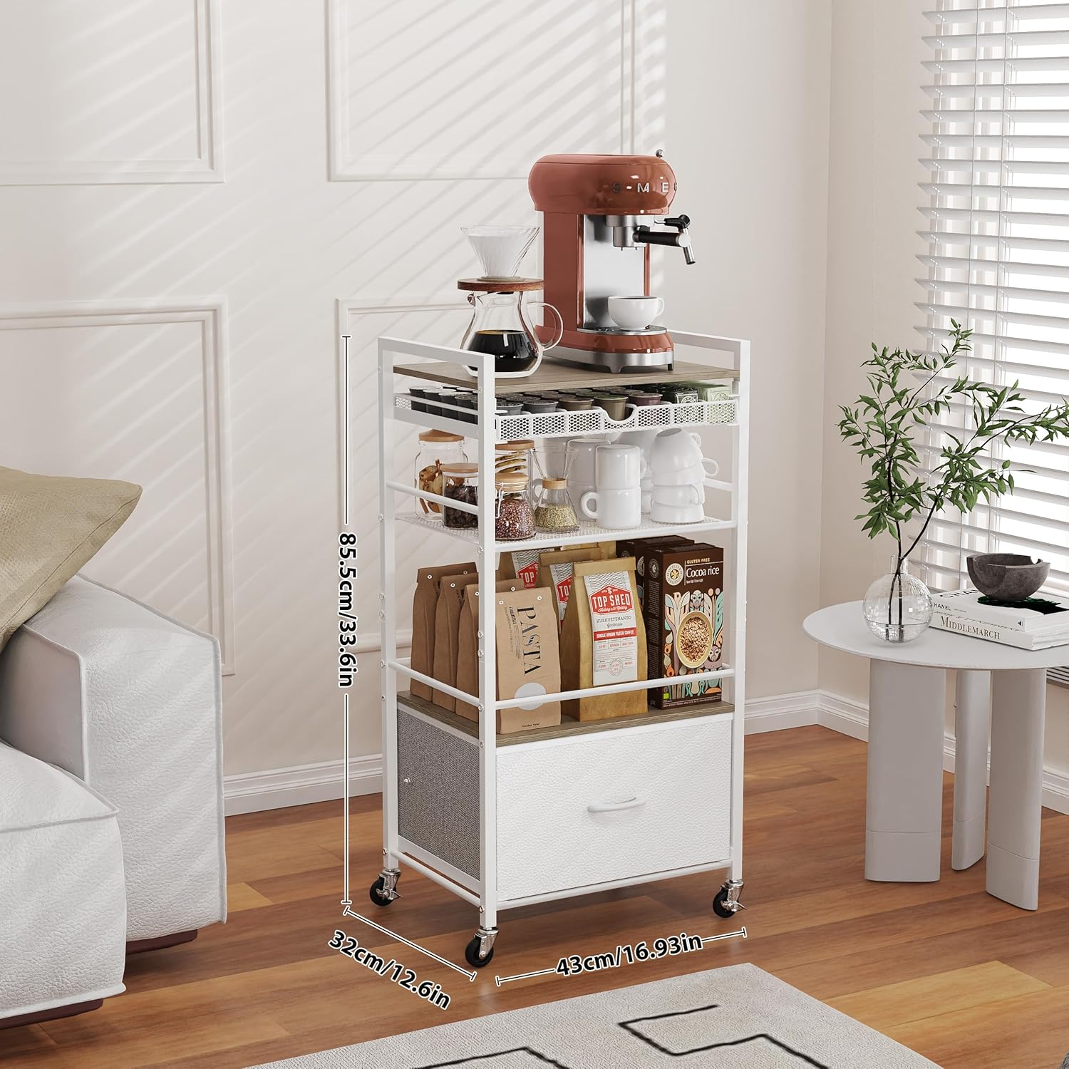 Coffee Bar Cabinet with Storage，5 Tier Coffee Station Table on Wheels, 33.6" H Cart with Drawer for Home Kitchen, Liquor Buffet Sideboard Cabinet (Modern White)