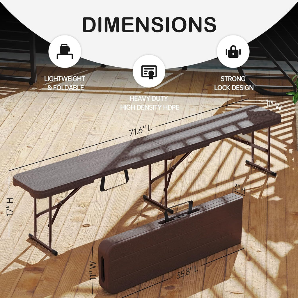 6 Foot Folding Bench, Portable Plastic Folding Bench Seat, Foldable Seat for Indoor Outdoor Picnic Camping Dining, Soccer Garden Multipurpose Entertaining Activities, Brown, 1 Pack