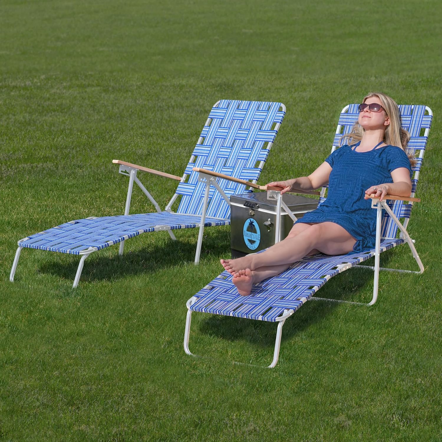 Camp & GO 4-Position Folding Web Lawn Chair Outdoor Lounger, Blue/White undefined/White