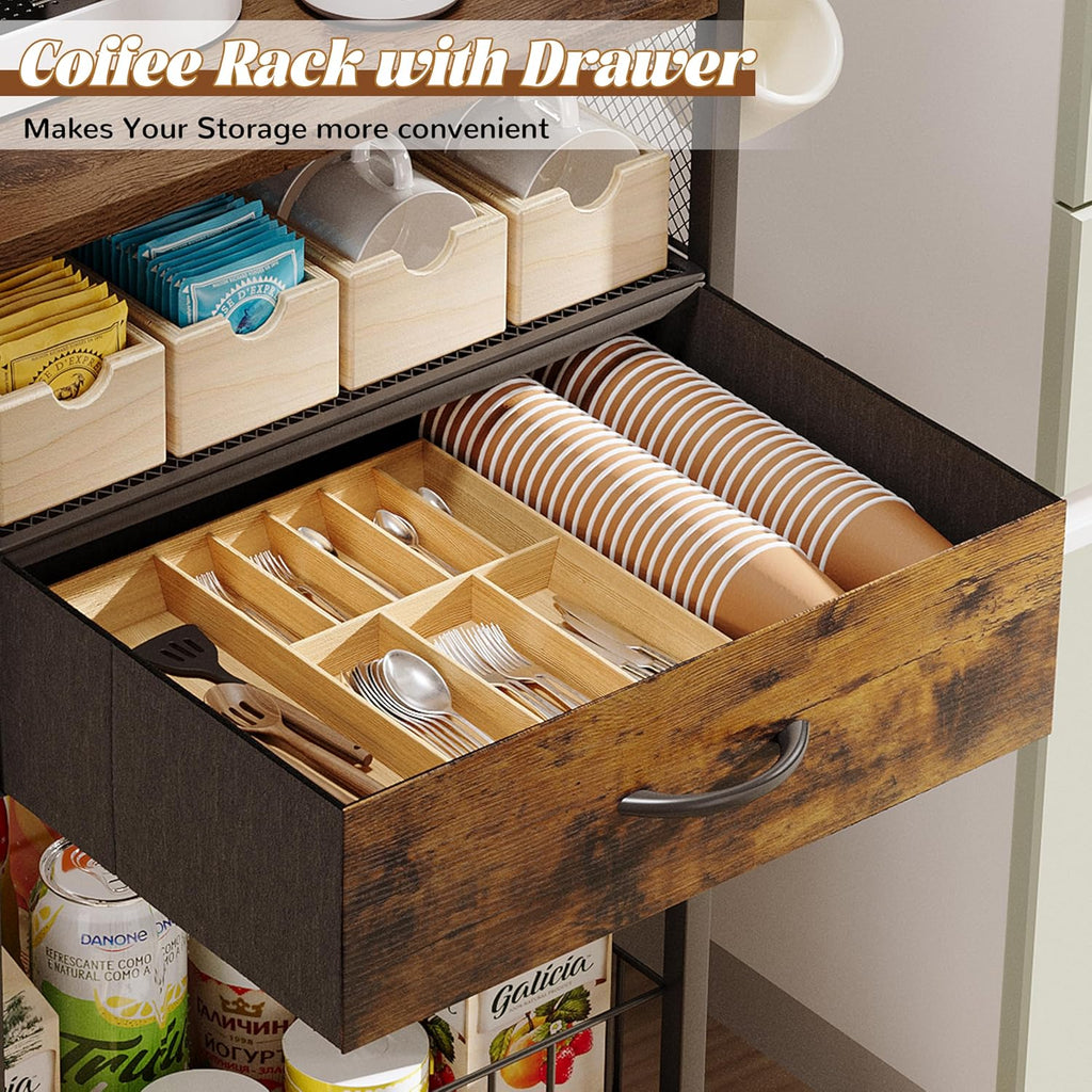 Small Coffee Bar Cart with Drawer Srorage, Office Coffee Bar Station Organizer Mug Cup Holder Stand, K Cup Holder Rack for Home Buffets & Sideboards for Kichen, Entryway, Living Room (Black)