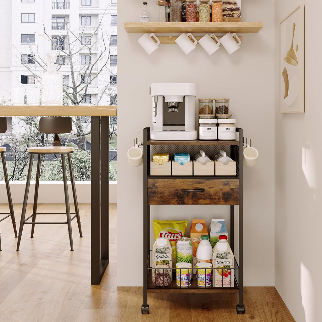 Small Coffee Bar Cart with Drawer Srorage, Office Coffee Bar Station Organizer Mug Cup Holder Stand, K Cup Holder Rack for Home Buffets & Sideboards for Kichen, Entryway, Living Room (Black)