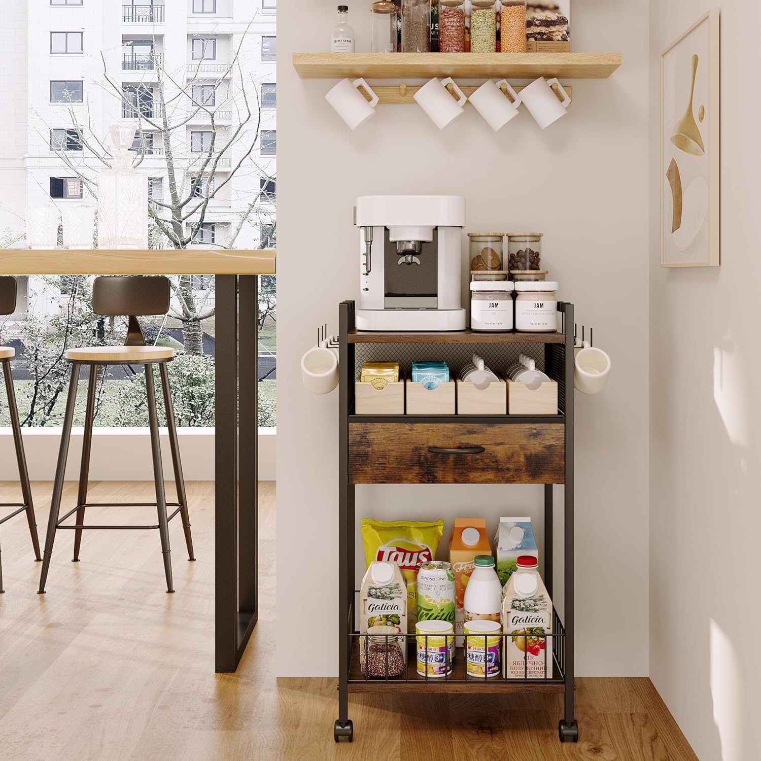 Small Coffee Bar Cart with Drawer Srorage, Office Coffee Bar Station Organizer Mug Cup Holder Stand, K Cup Holder Rack for Home Buffets & Sideboards for Kichen, Entryway, Living Room (Black)