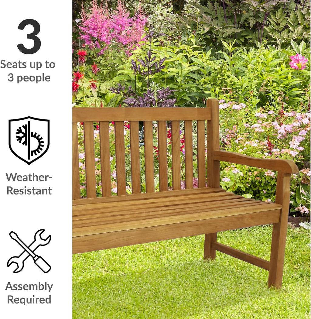Sunnydaze 2-Person Outdoor Bench for Front Porch or Park - Wooden Teak Patio Garden Bench with Backrest - 675 lb Weight Capacity - 60"