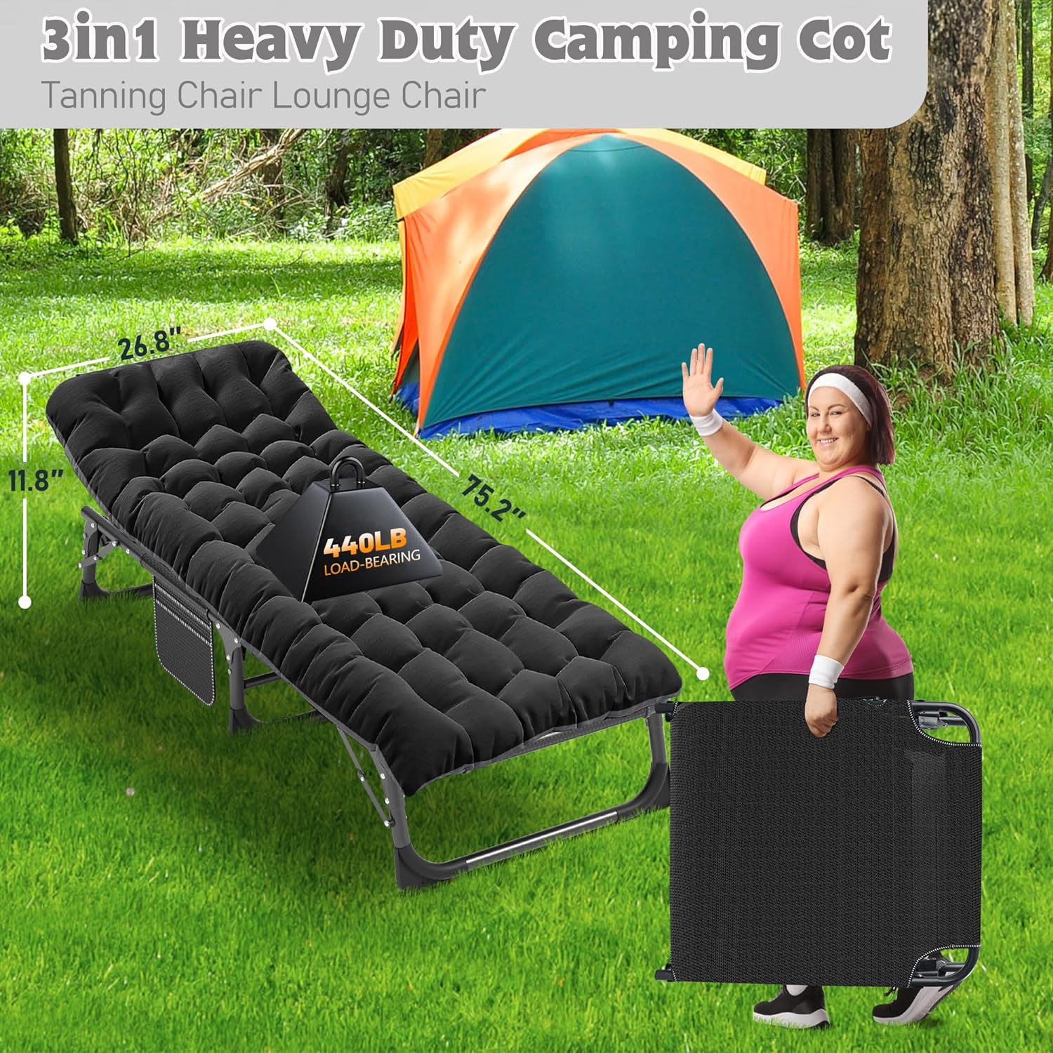 ABORON Heavy Duty Tanning Chair,Outdoor 5-Position Folding Chaise Lounge Chair with Pad,Portable Beach Lounge Chair for Outdoor Sunbathing Patio Pool Lawn Deck Poolside
